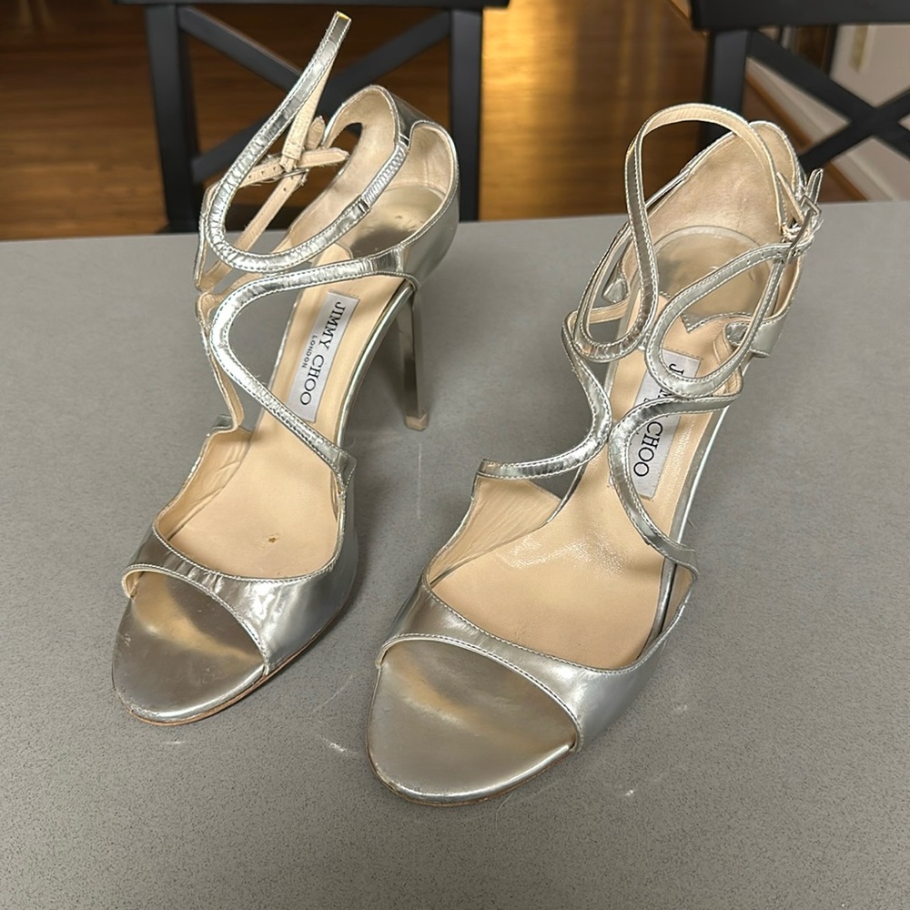 Jimmy Choo Silver Mirrored Leather Cutout Lang 100 Sandals. Size 41.5